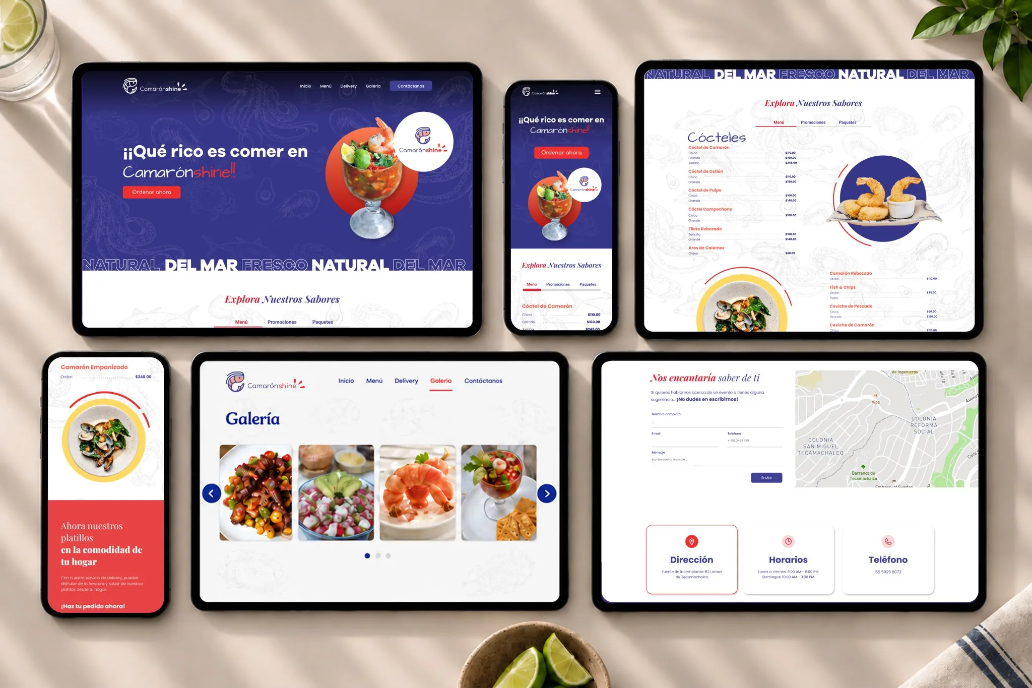 El sitio web de Camarónshine en escritorio, tablet y celular: página de inicio, menú de cócteles, galería y formulario de contacto
