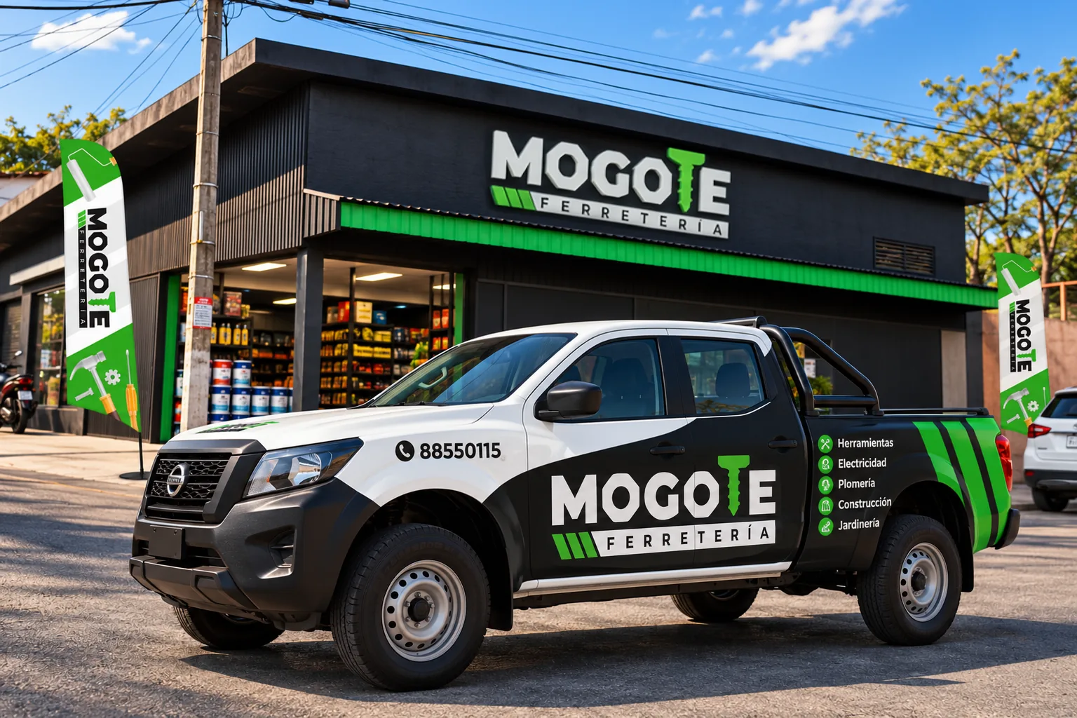Una camioneta pickup con la marca MOGOTE estacionada frente a la tienda