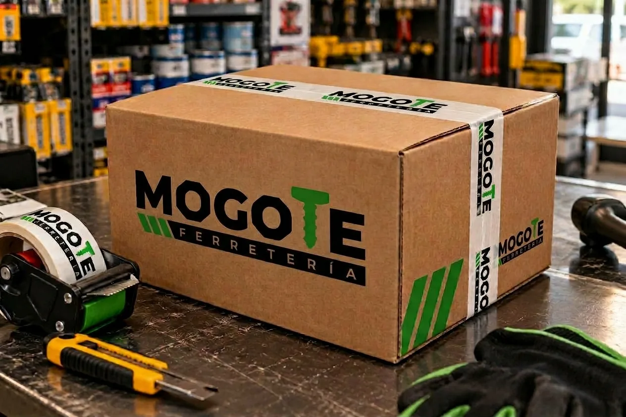 Una caja de cartón y cinta de embalaje con la marca MOGOTE