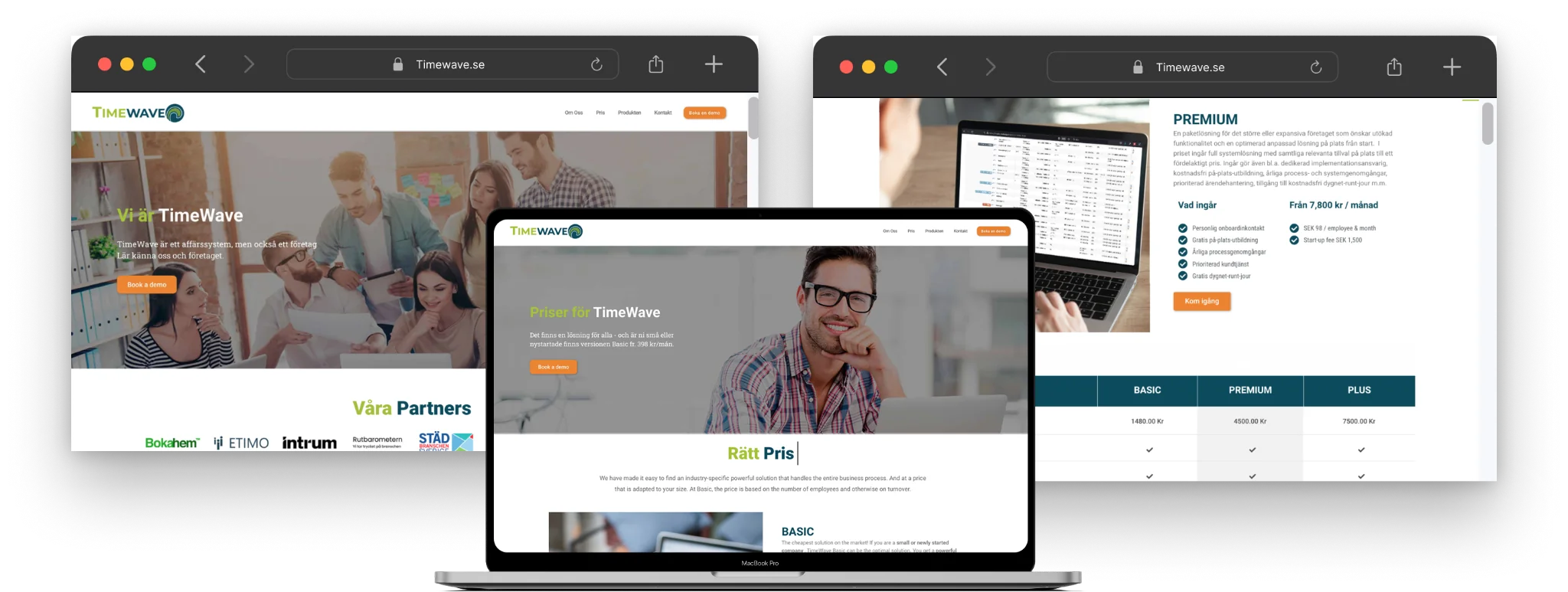 Tres páginas de TimeWave en ventanas de navegador: el inicio con logotipos de socios, los planes de precios y la página de producto