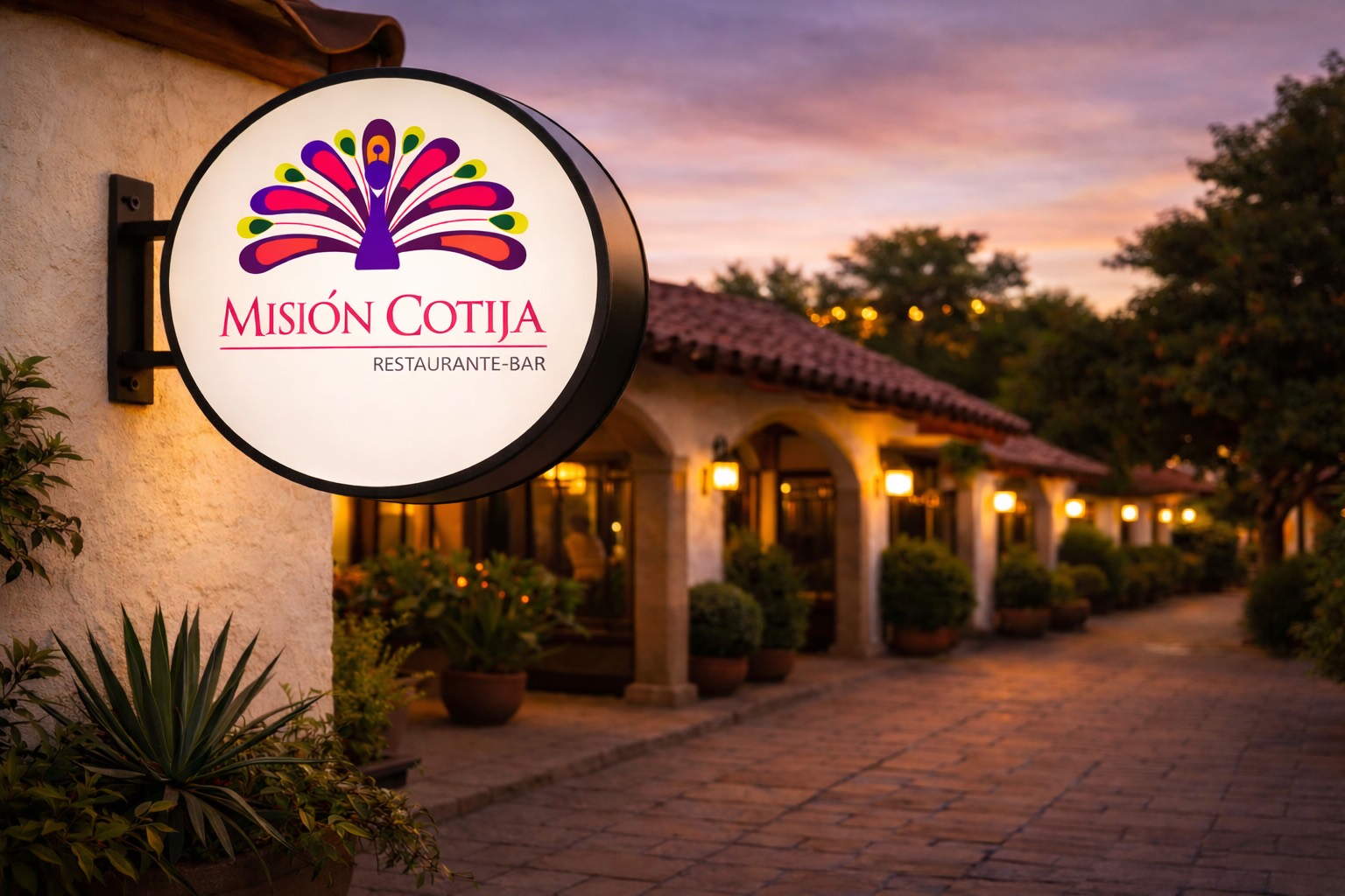 The Misión Cotija sign on the restaurant facade at dusk