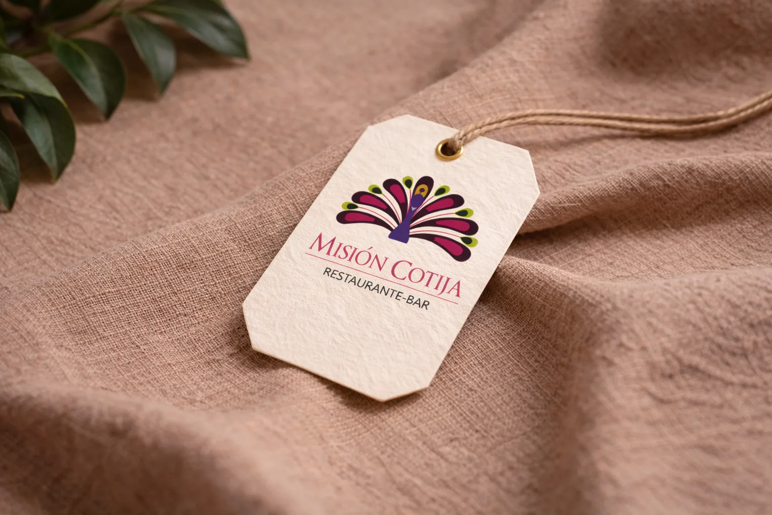 A Mision Cotija hang tag resting on linen