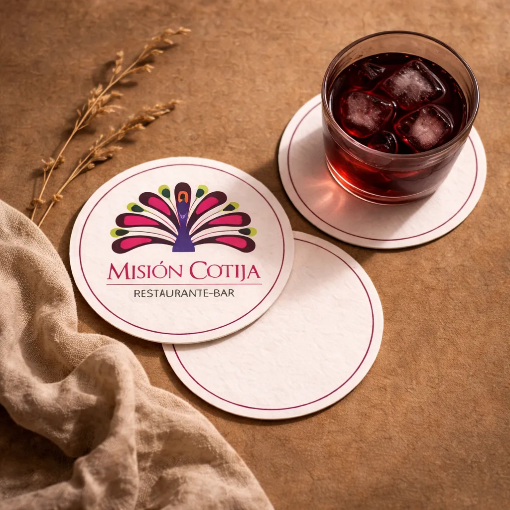 A Mision Cotija coaster beside a glass of hibiscus water