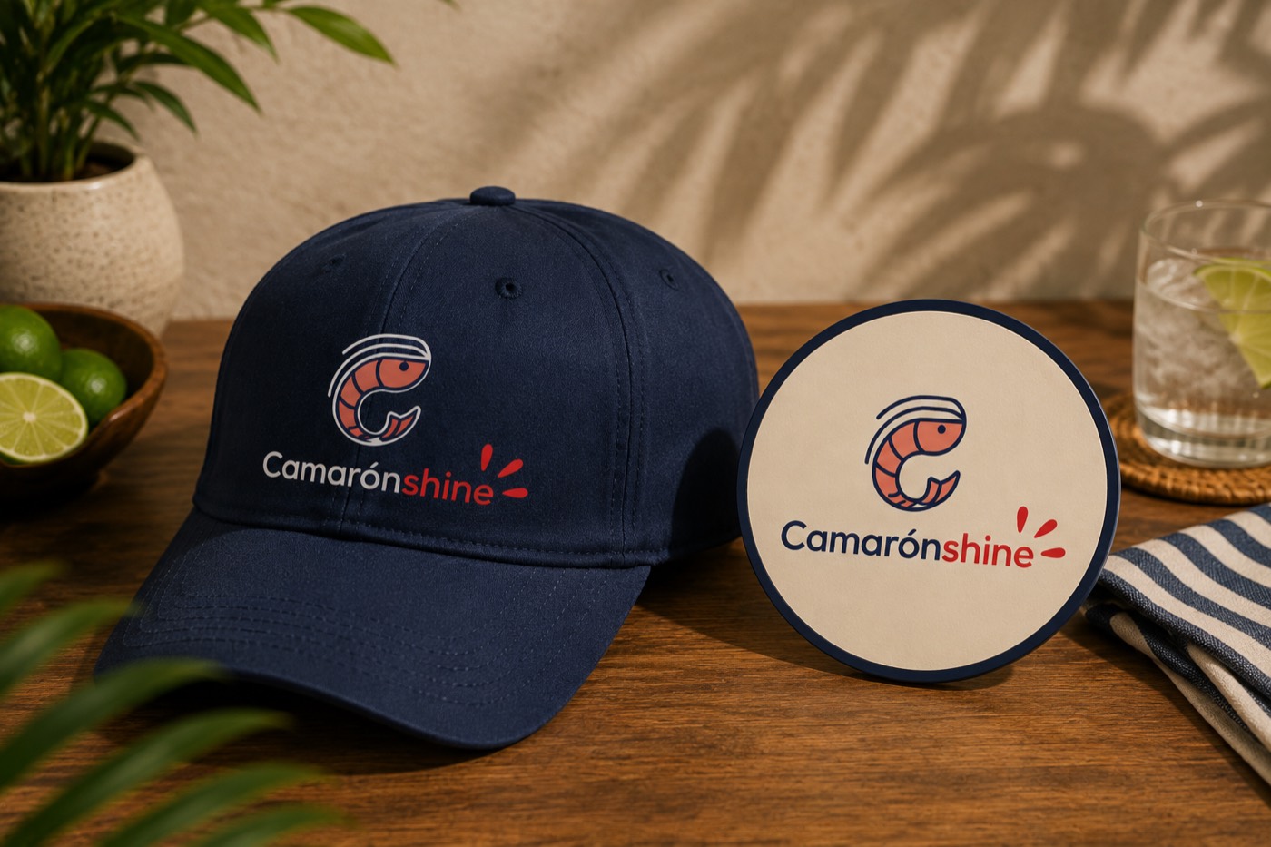 Camarónshine brand identity on a cap and coaster
